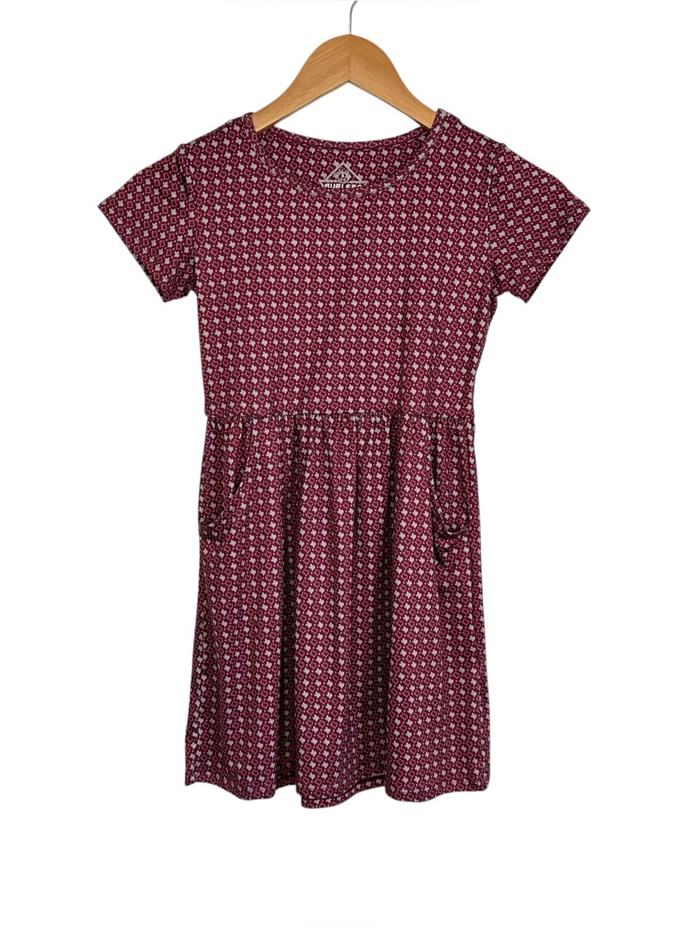 BURLEBO Girls Moxie Texas Print Dress Sz Small Burgundy Gray Short Sleeve Pocket